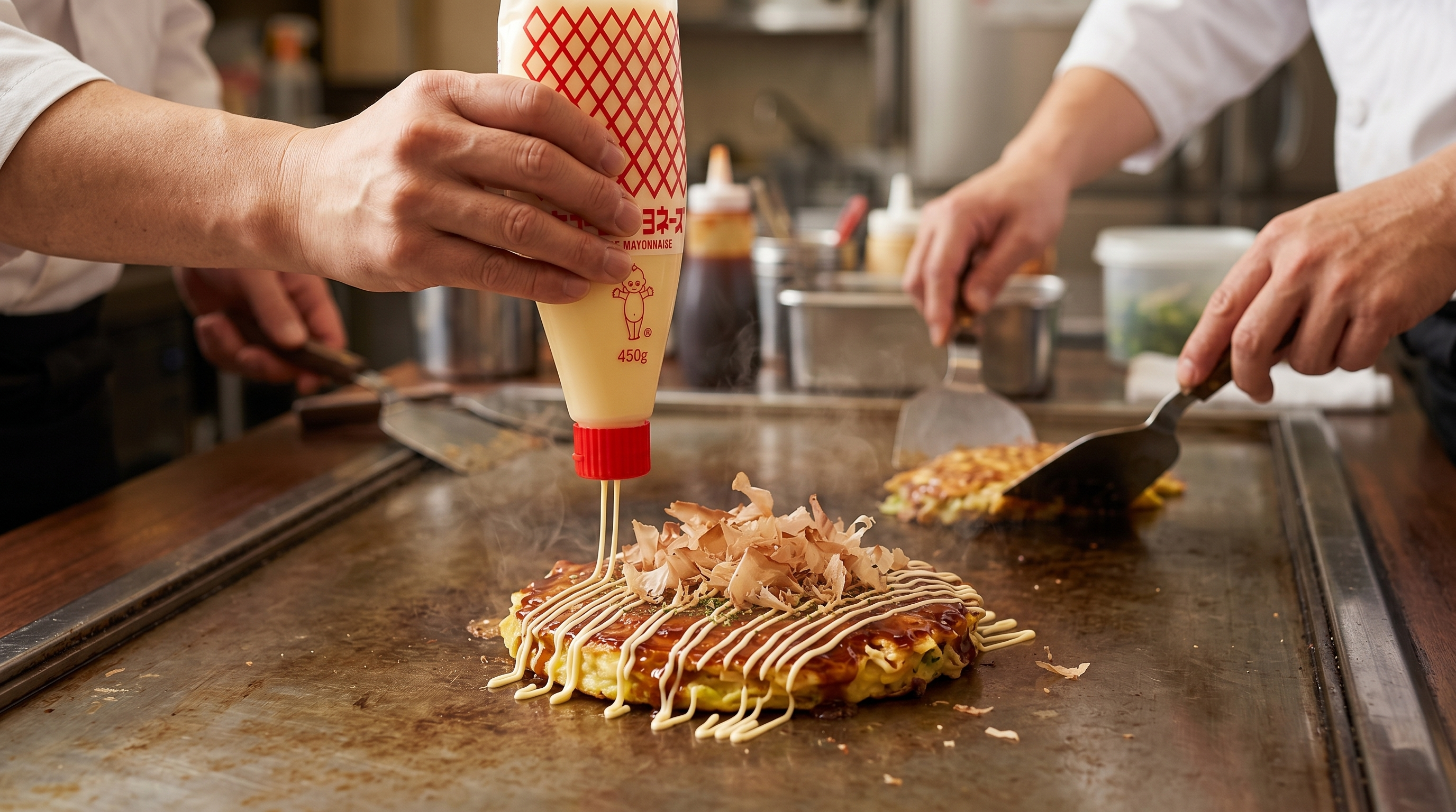 Chef drizzling Kewpie mayonnaise over okonomiyaki in a Dubai kitchen | Addtocart Dubai UAE