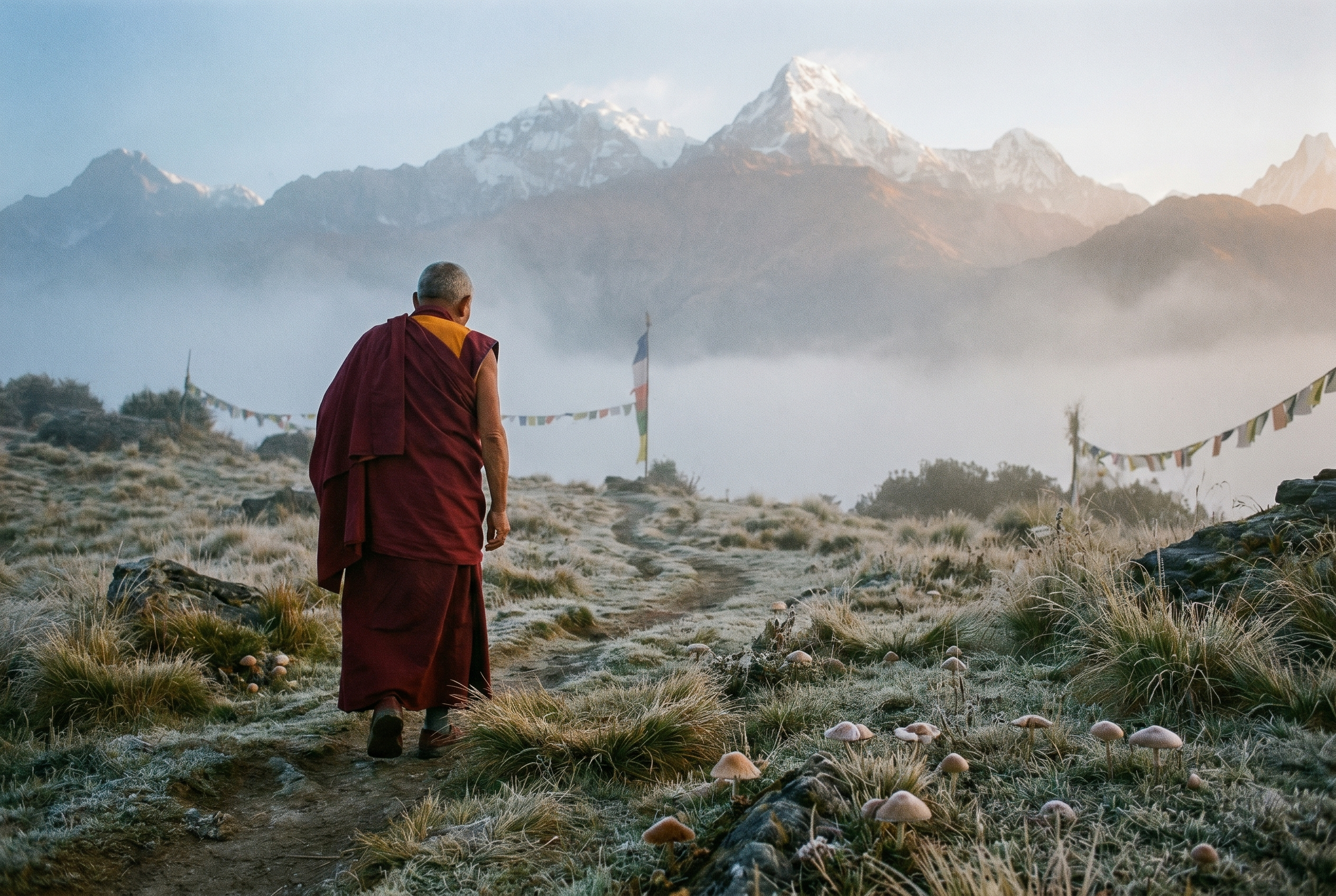 Tibetanski monah u planinskim livadama