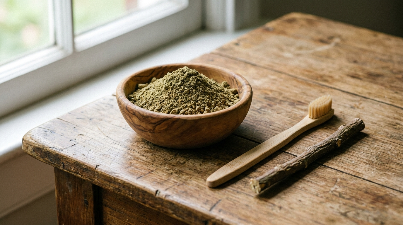 Herbal tooth powder with a wooden toothbrush