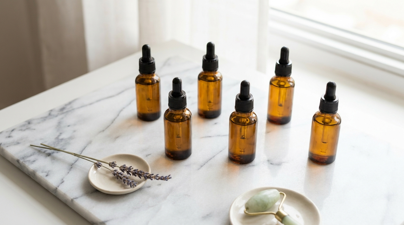 Amber glass bottles of facial oil