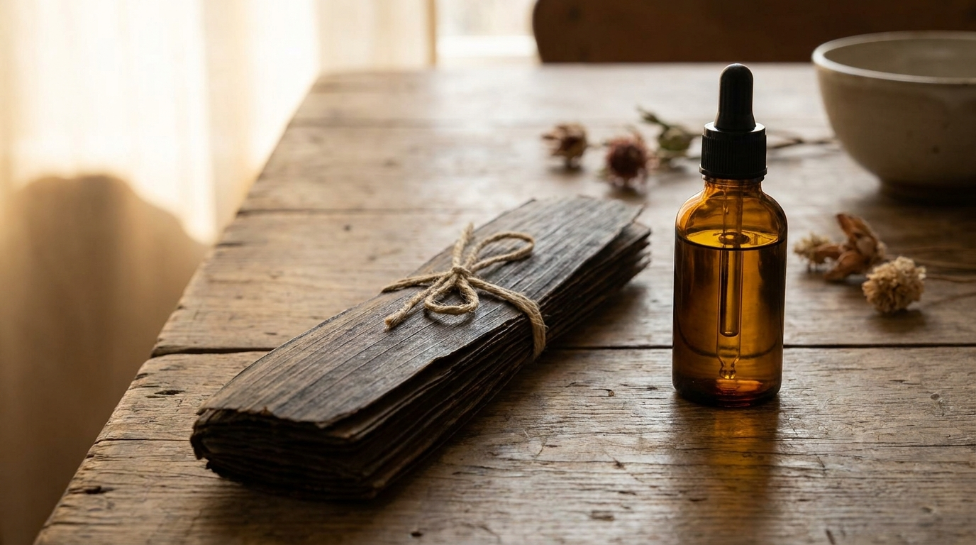 Classical manuscript beside a facial oil bottle