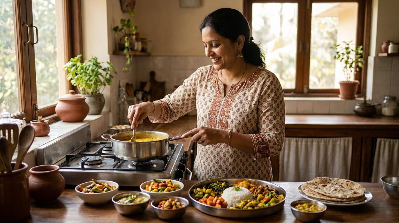 चाळिशीतील महिला घरगुती थाळी बनवताना
