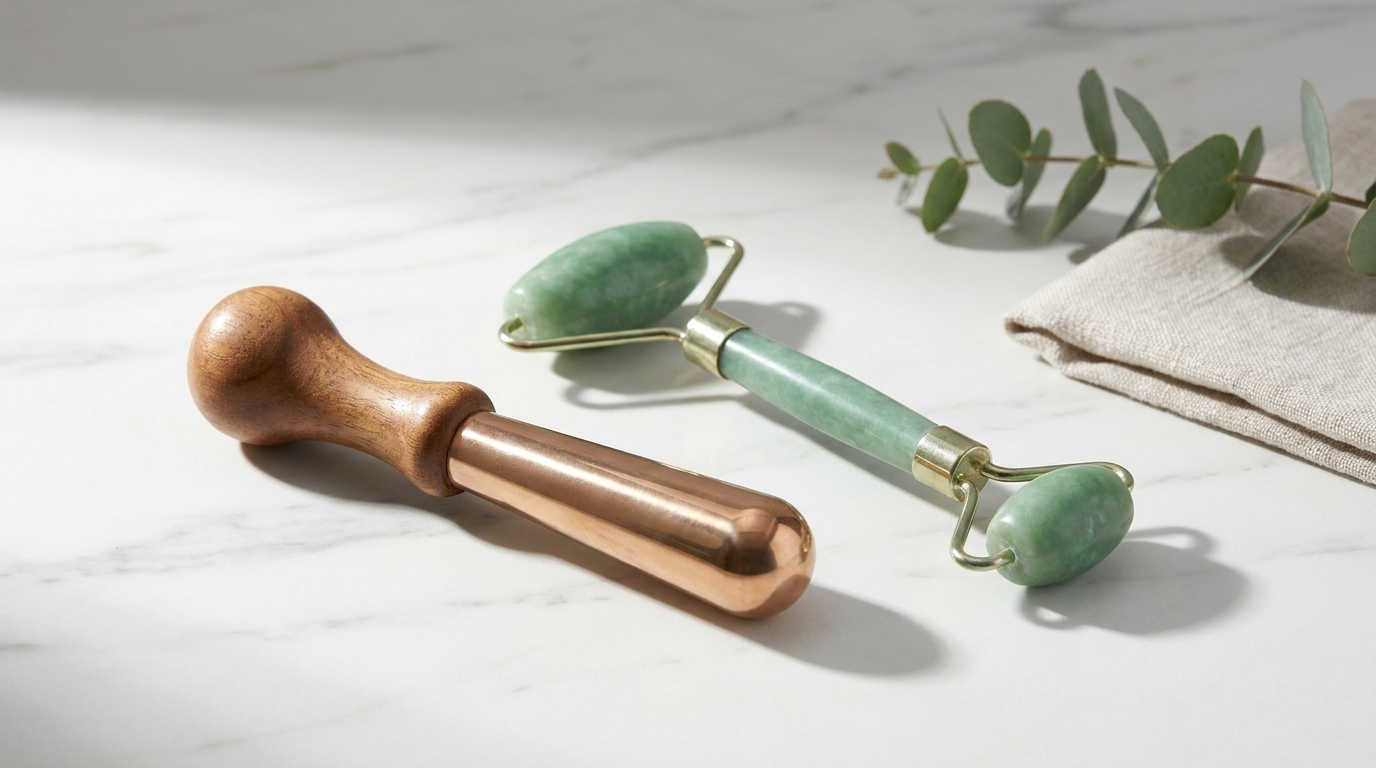 Bronze kansa wand and jade roller side by side