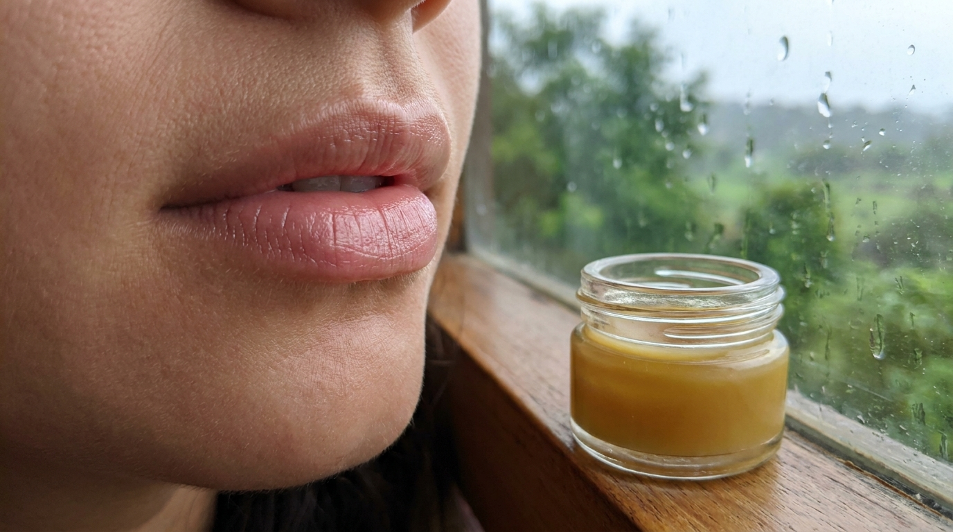Soft healthy lips with herbal lip balm, monsoon rain in background