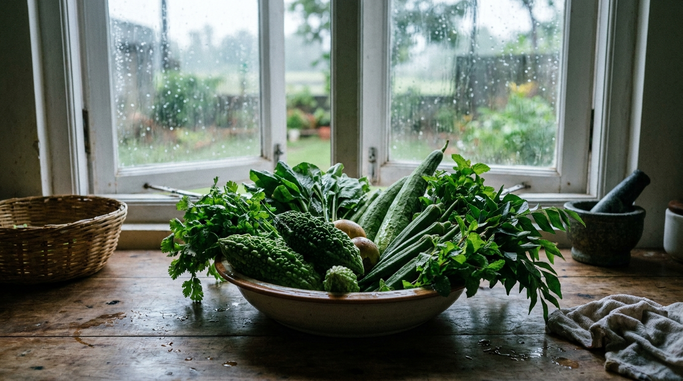 Fresh monsoon vegetables and bitter gourd on a kitchen counter