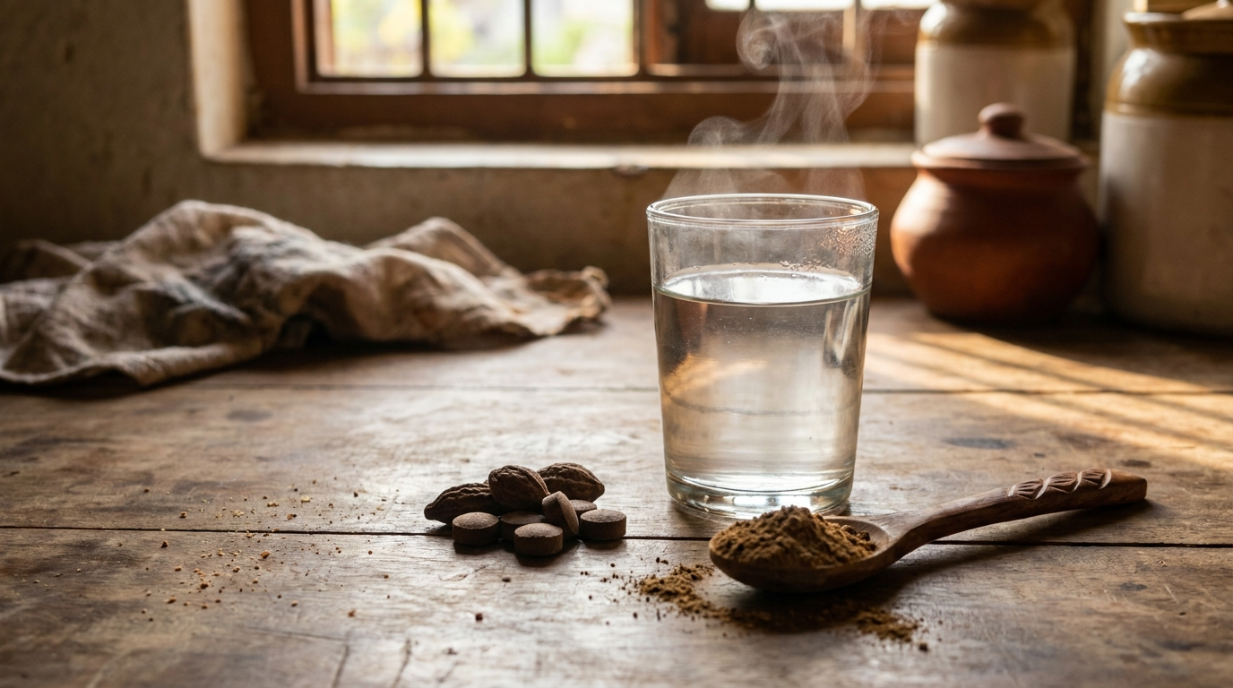 Triphala tablets with a glass of warm water on a wooden table