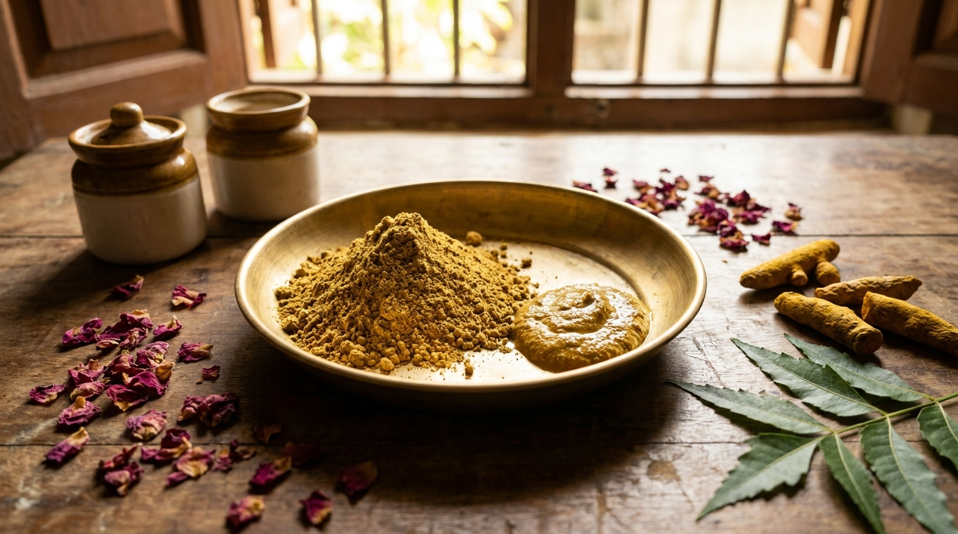 Traditional Ayurvedic ubtan powder in a brass bowl with herbs