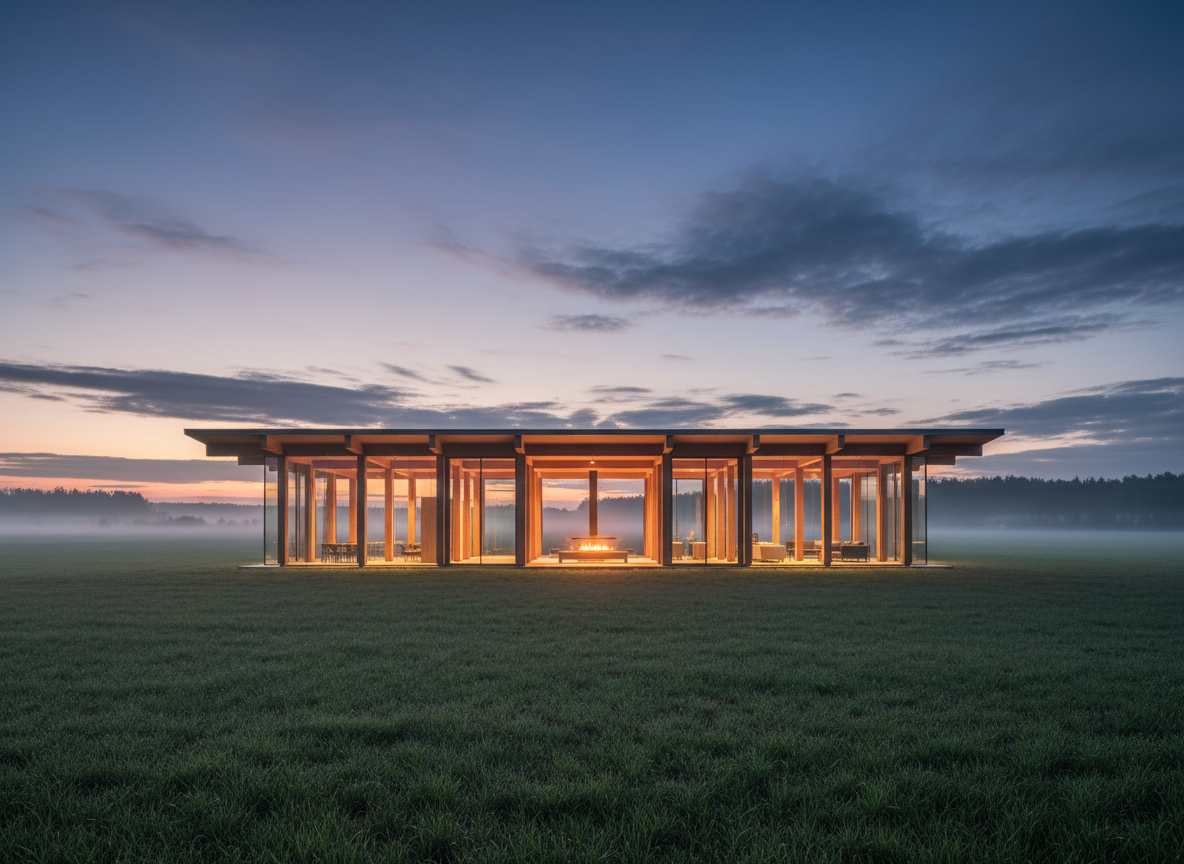 The TerraVista sales pavilion — a glass and timber building glowing at dusk
