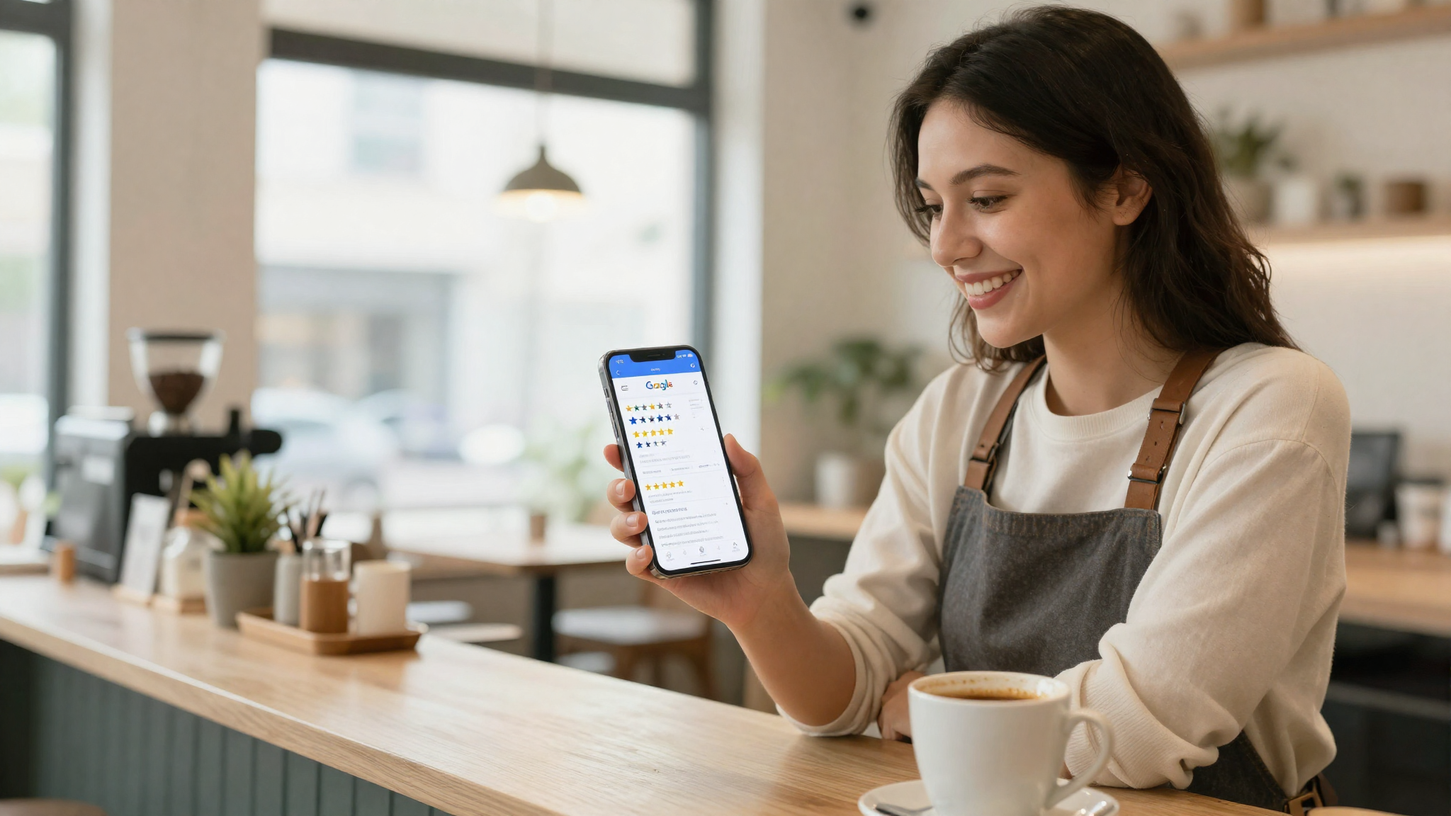 Small business owner happy with Google reviews on their phone