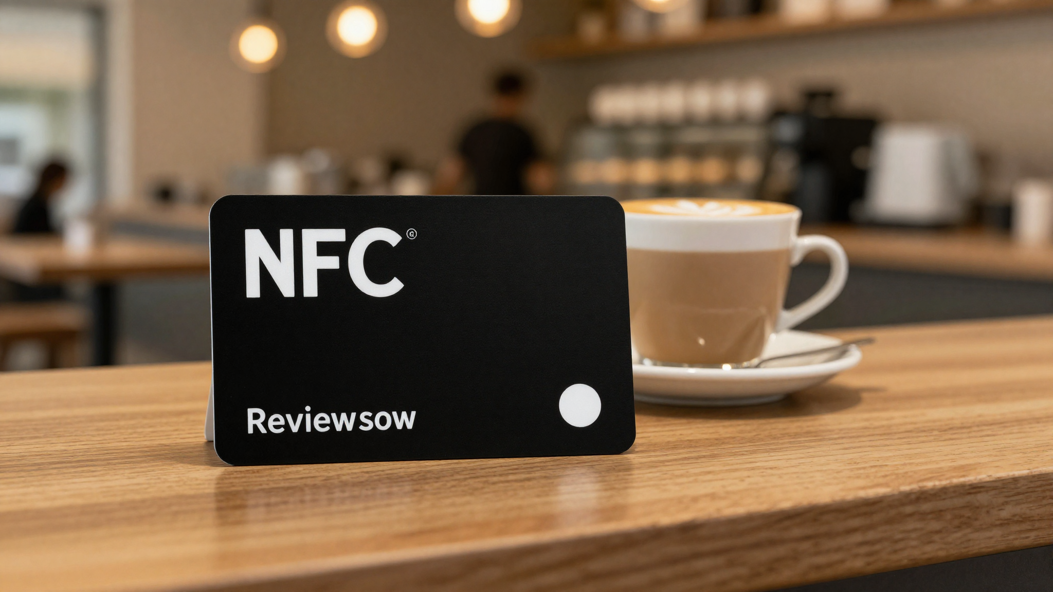 Google review plate on a salon or retail counter driving 5-star reviews
