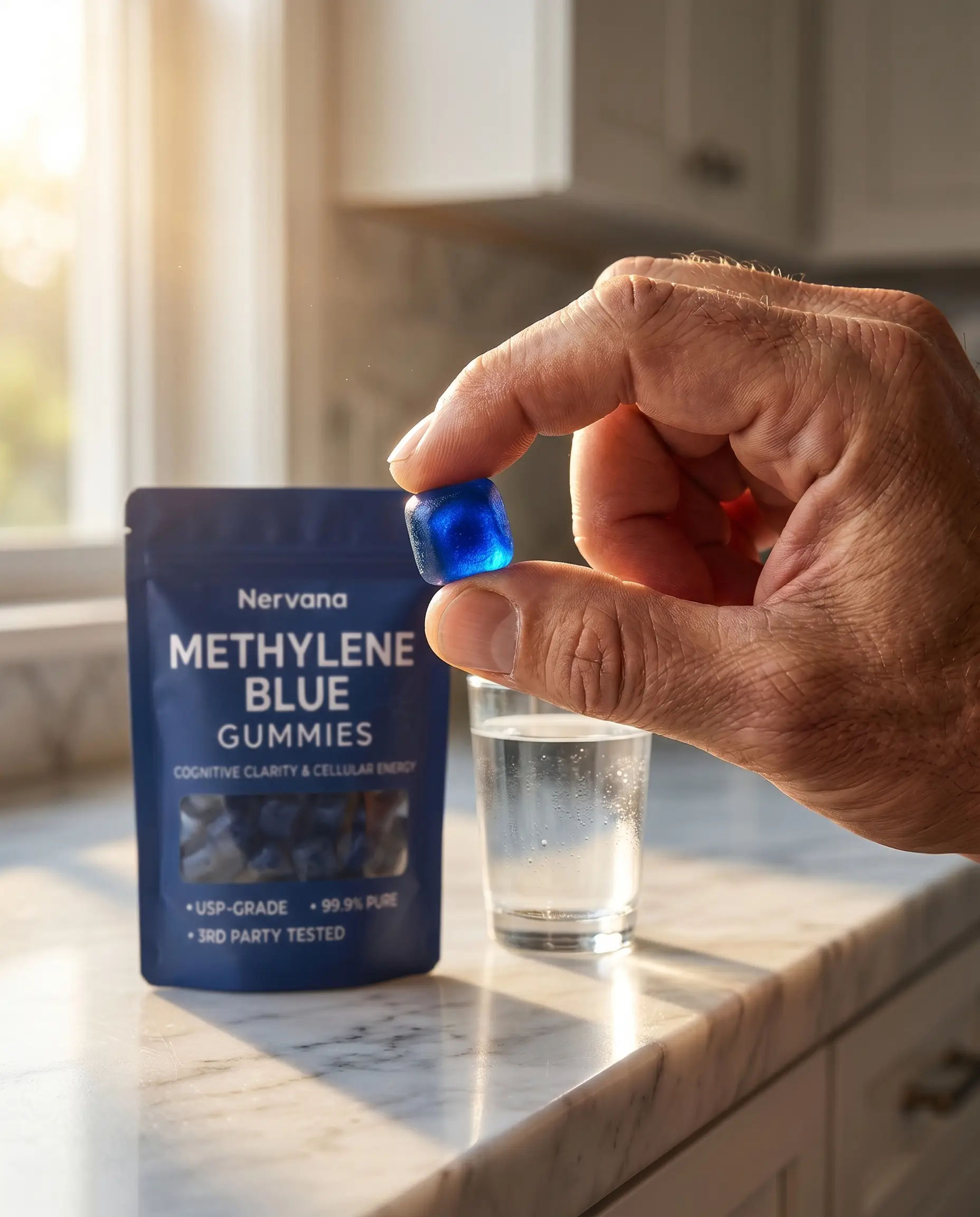 One Nervana gummy held to the morning light
