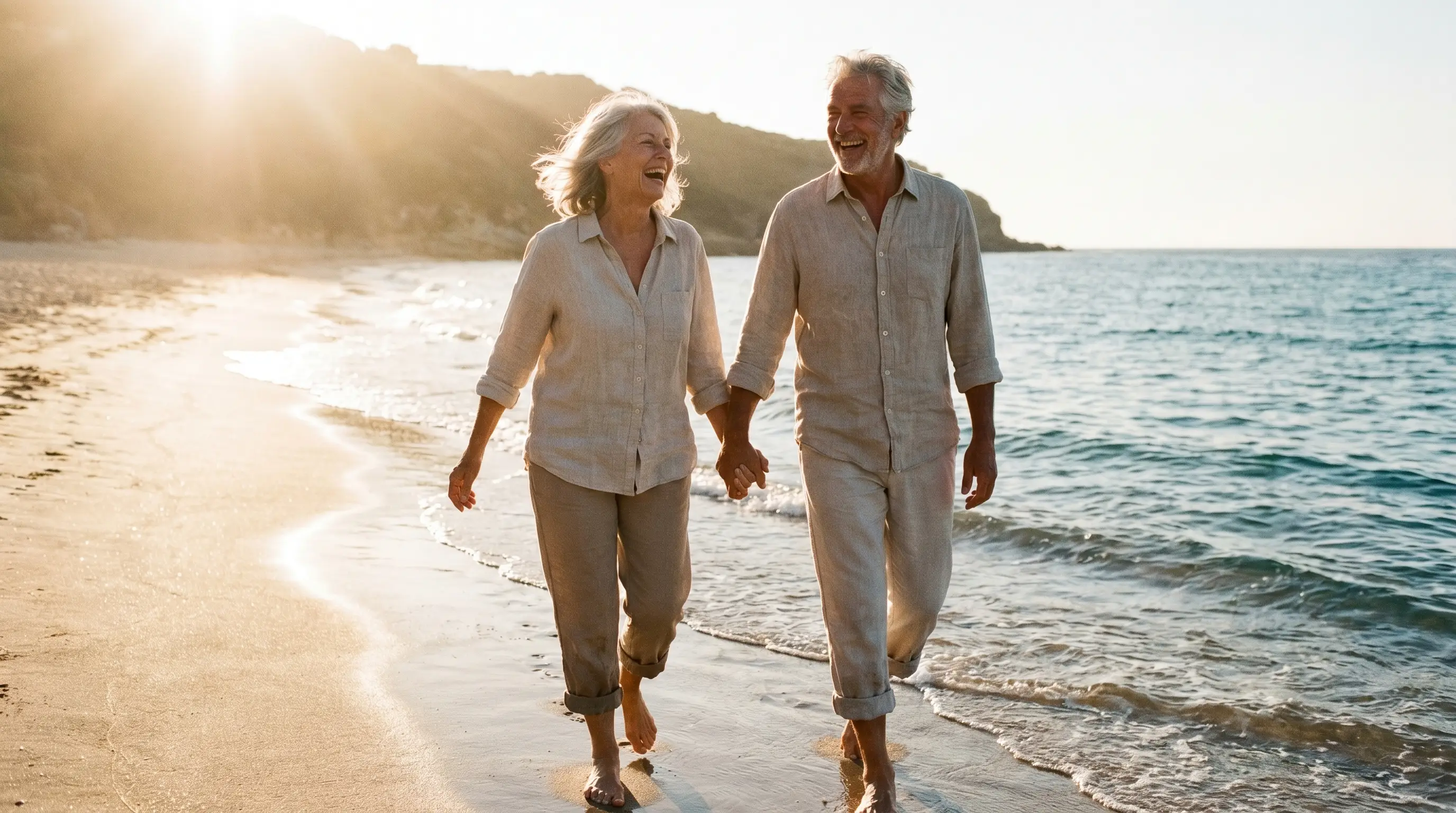 A couple walking the shoreline at golden hour