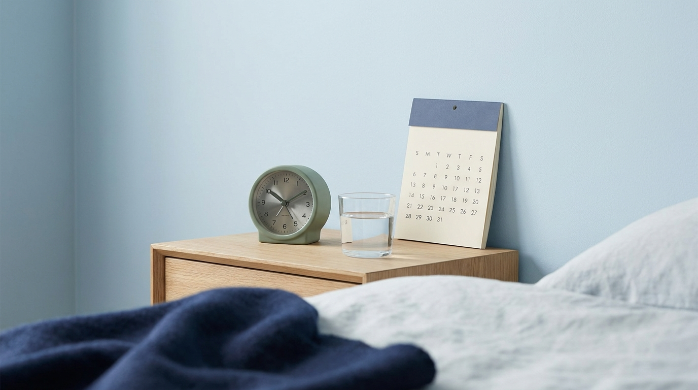 Calendar and alarm clock on a bedside table, representing how often to ejaculate for sperm health