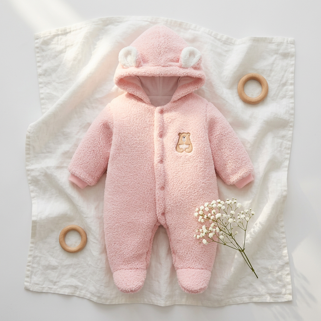 Conjunto suave para bebé recién nacido de Mimou Babywear sobre lino blanco