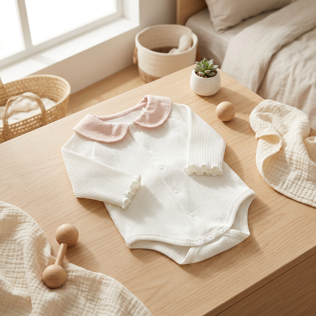 Mimou Babywear Peter Pan Collar Bodysuit folded in a bright nursery