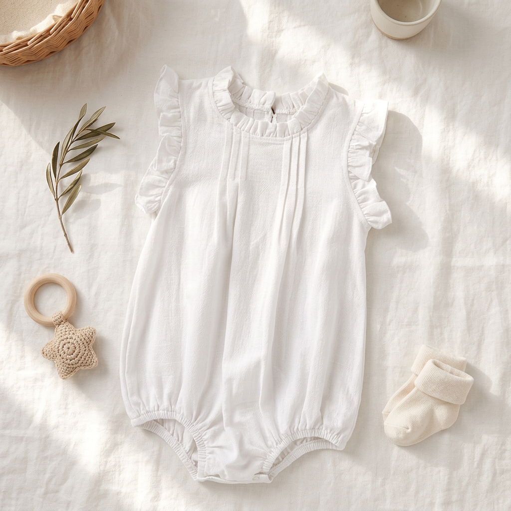 Linen blend sleeveless baby romper by Mimou Babywear