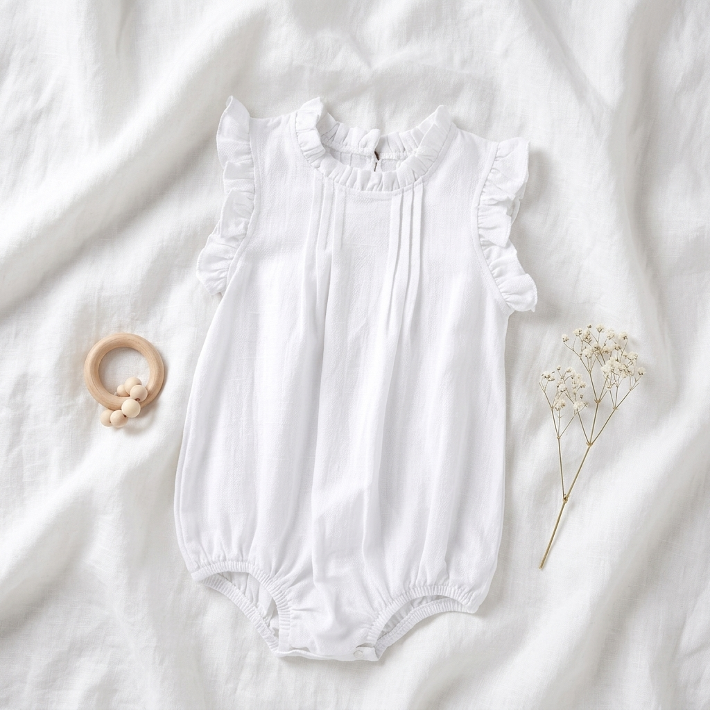 Mimou Babywear Linen Blend Sleeveless Romper flatlay on white linen