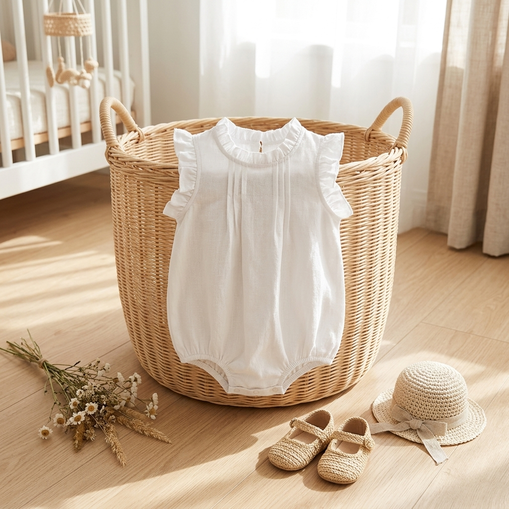 Pelele sin mangas de mezcla de lino Mimou Babywear sobre cesta de ratán