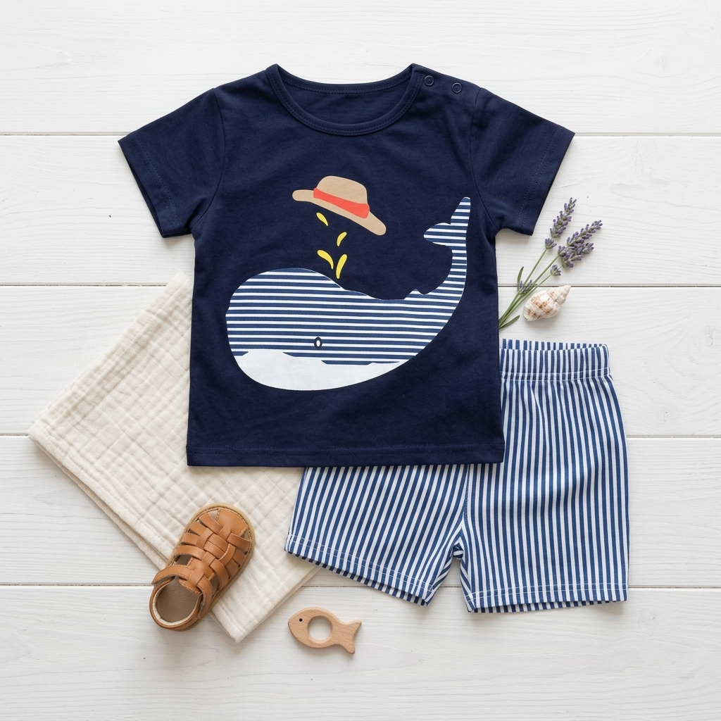 Mimou Babywear Blue Whale 2-piece Cotton Set flatlay