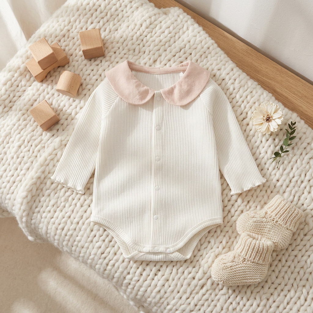 Mimou Babywear Peter Pan Collar Bodysuit on white knit blanket