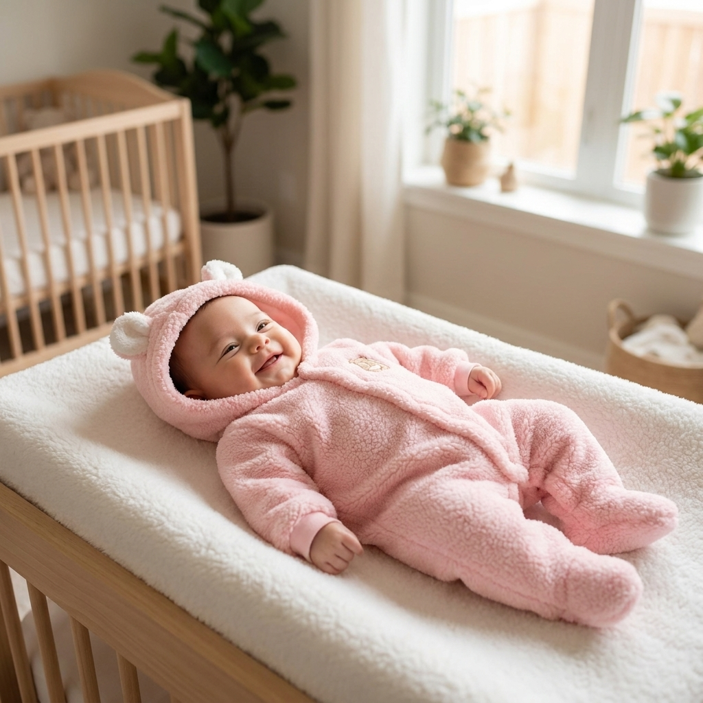 Neugeborenes Baby trägt Mimou Babywear Fleece Kapuzenanzug in einem hellen Kinderzimmer