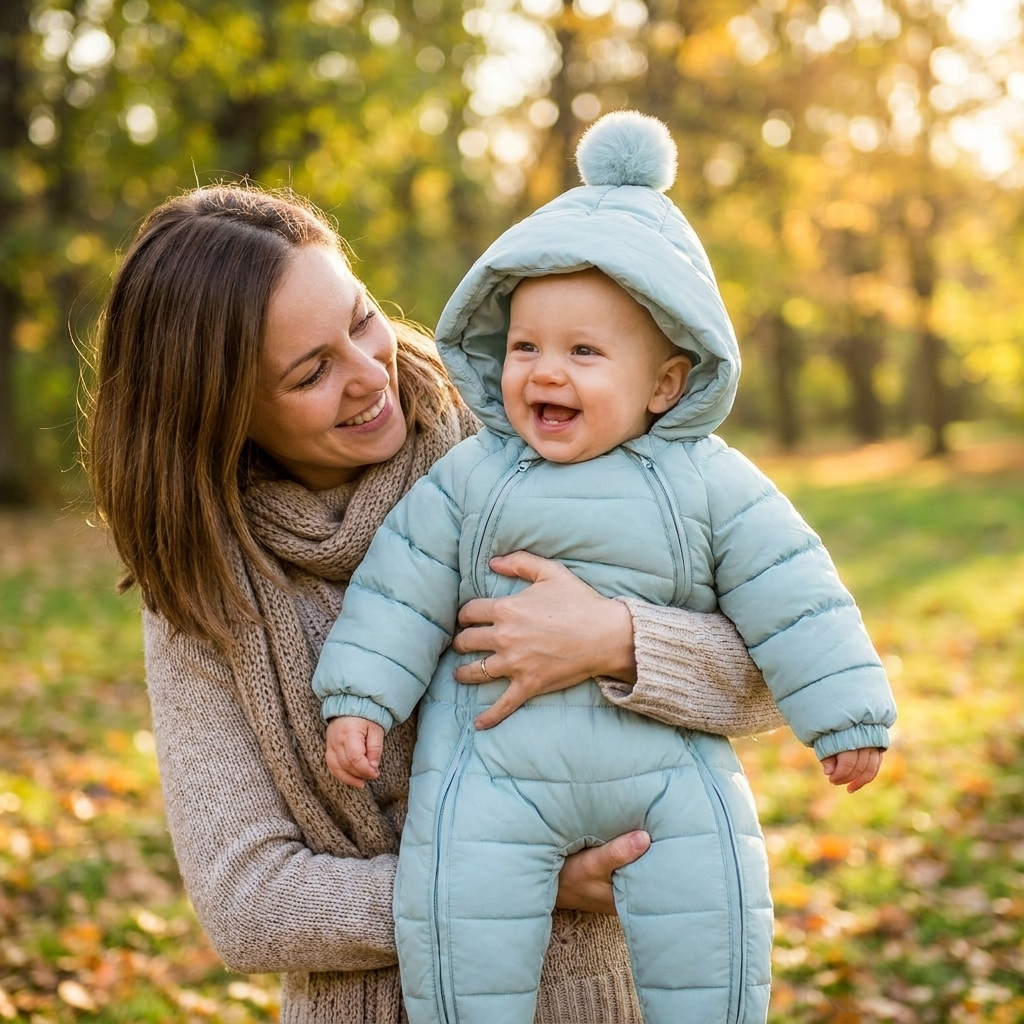 Baby trägt Mimou Babywear dicken Kapuzen-Outdoor-Overall, gehalten von Mama im Park
