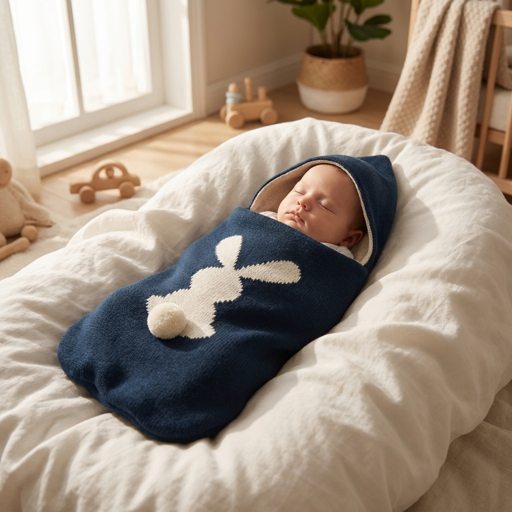 Nouveau-né endormi enveloppé dans le cocon en laine Mimou Babywear Rabbit Button