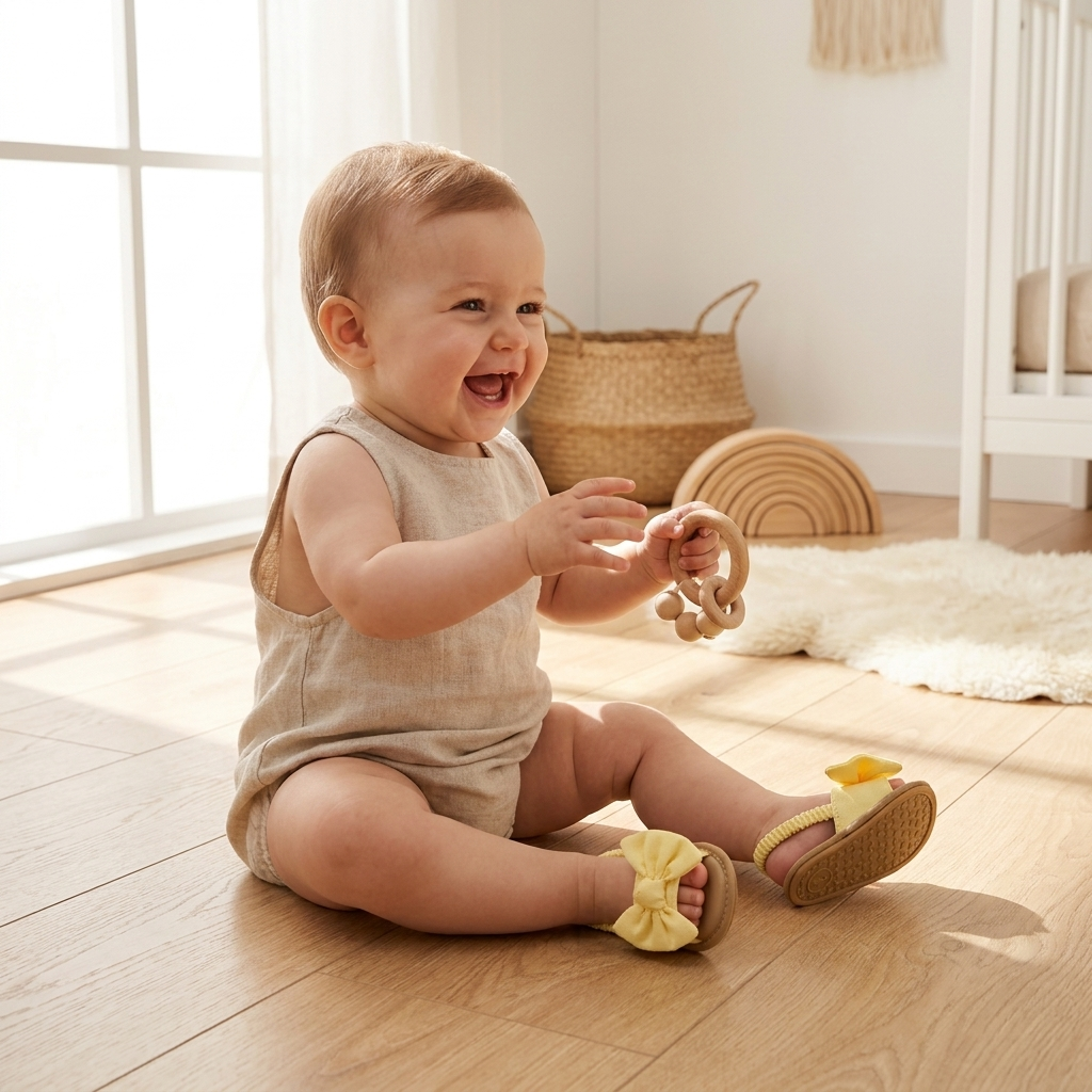 Bebé usando sandalias de verano Mimou Babywear Airy Canvas sobre un suelo de madera en la habitación del bebé