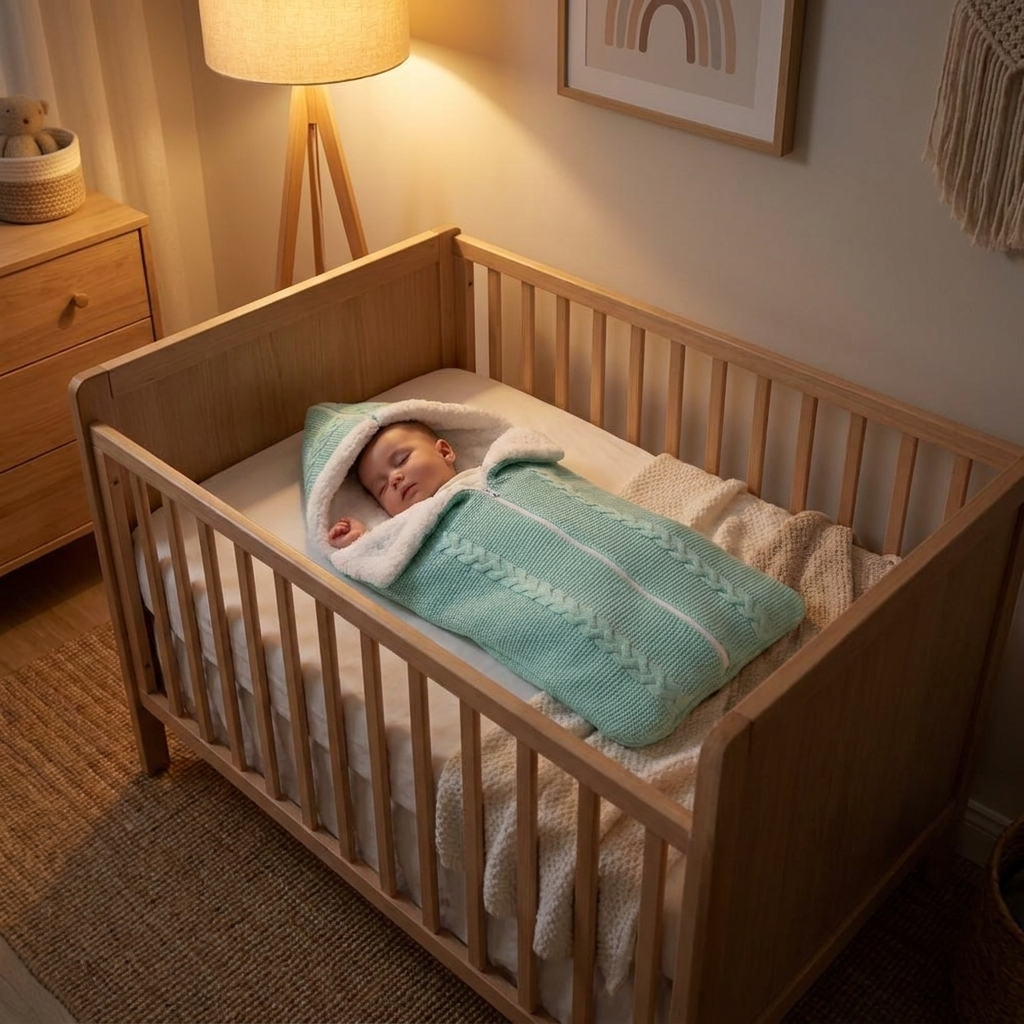 Bebé durmiendo en saco de dormir convertible de terciopelo Mimou Babywear en una cuna de habitación infantil