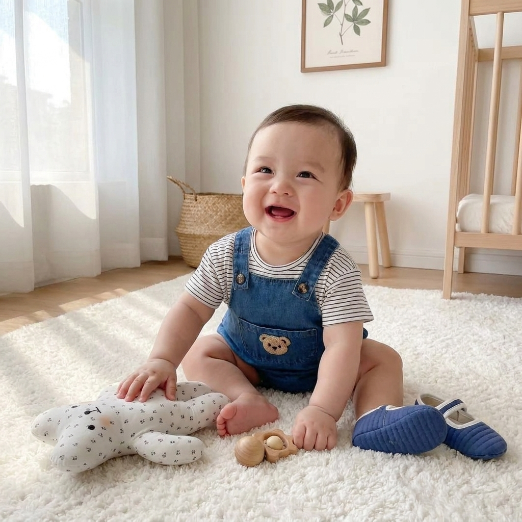 Baby wearing Mimou Babywear Bear Pocket Denim Shortalls on a white rug