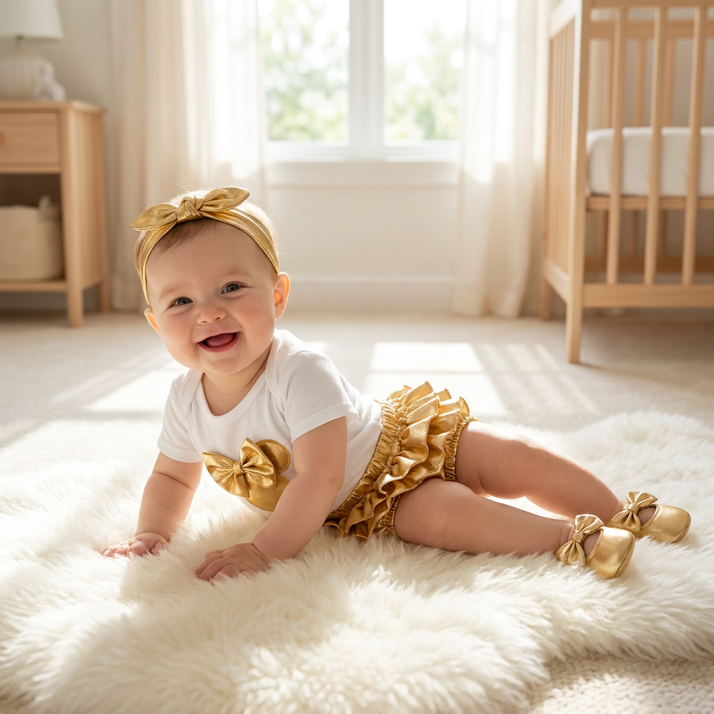 Baby wearing Mimou Babywear Summer Romper and Shorts Set on white blanket