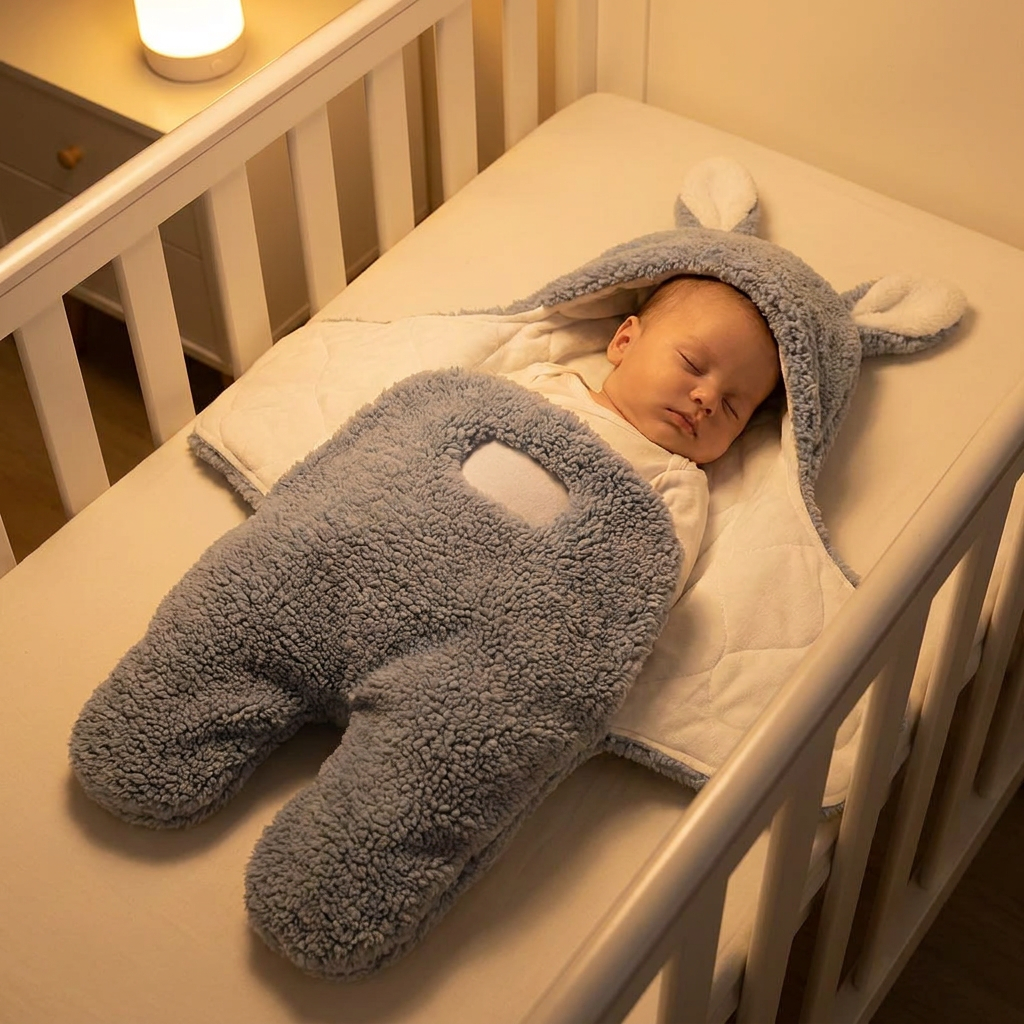 Sleeping newborn in Mimou Babywear Lamb Velvet Split-Leg Sleep Sack in crib
