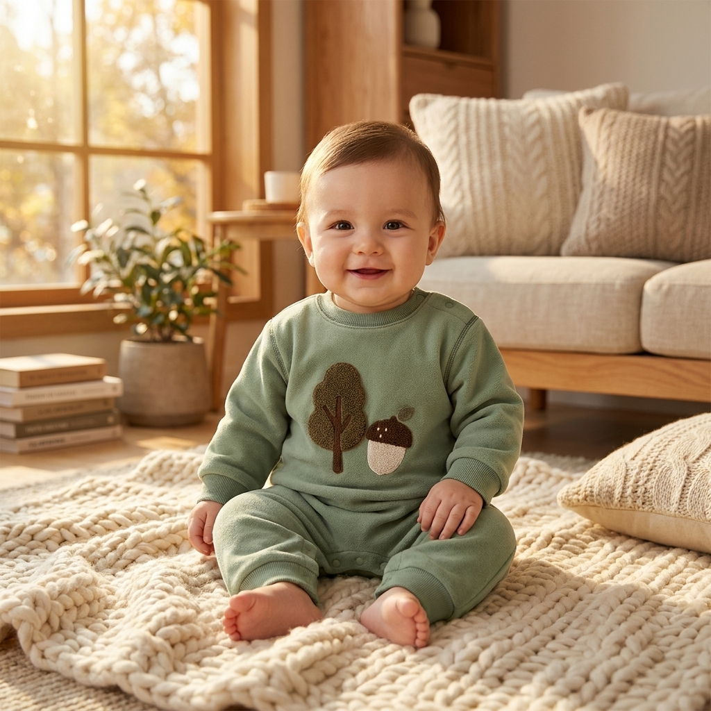 Happy baby in Mimou Babywear Fleece Warm Long-Sleeve Jumpsuit on knit blanket