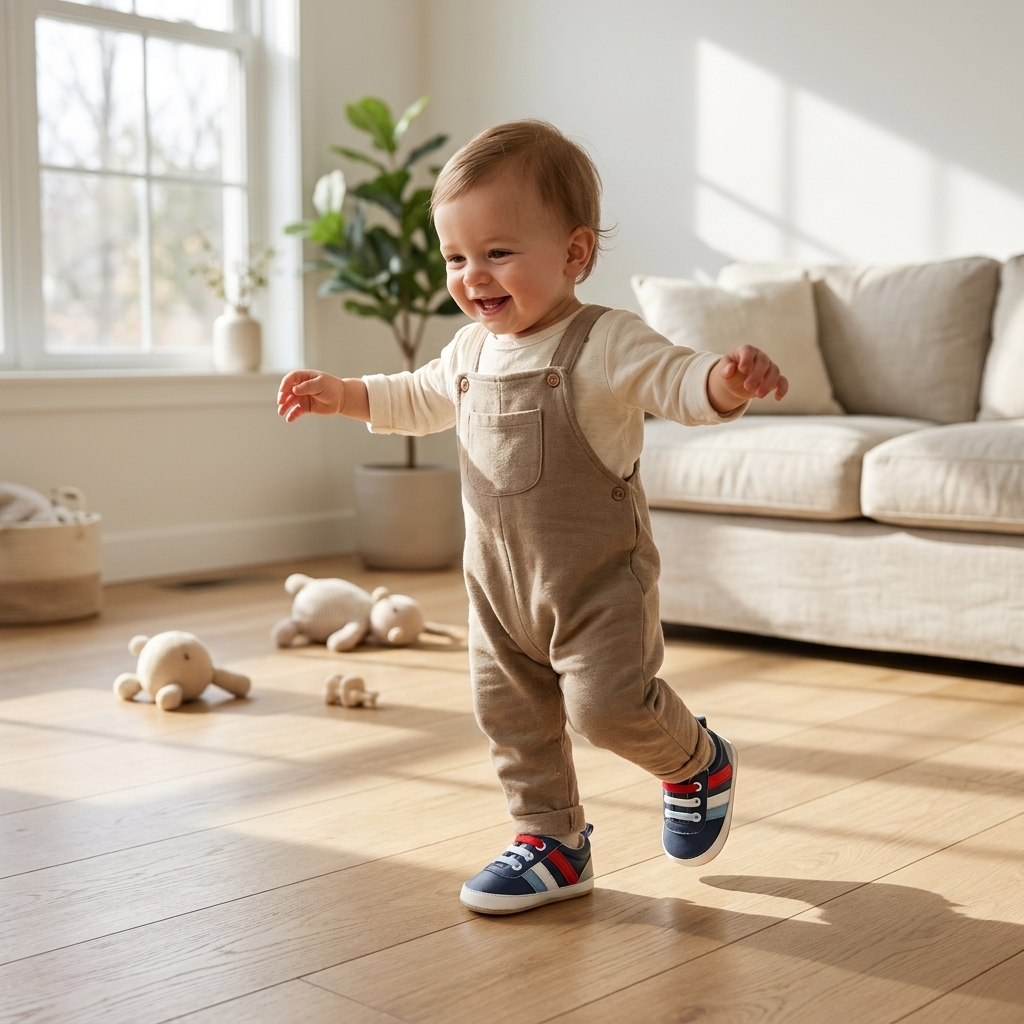 Toddler wearing Mimou Babywear Anti-Slip Indoor Step Shoes on wooden floor