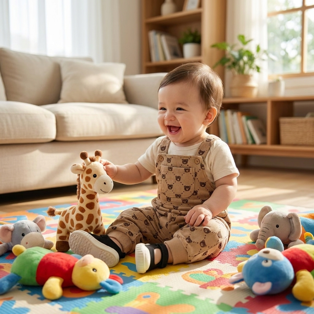 Baby wearing Mimou Babywear Bear Strap Overalls playing on a colorful mat