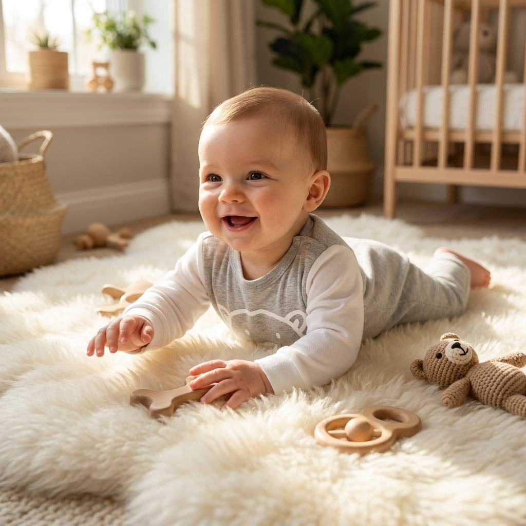 Baby wearing Mimou Babywear Playful Animal Print Bodysuit on white sheepskin rug