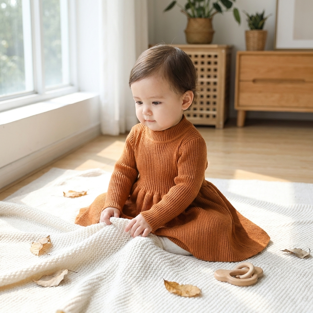 Baby girl wearing Mimou Babywear Lotus Collar Knit Doll Dress