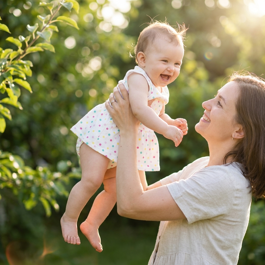 Baby girl in Mimou Babywear Polka Dot Romper Dress held by mom in garden