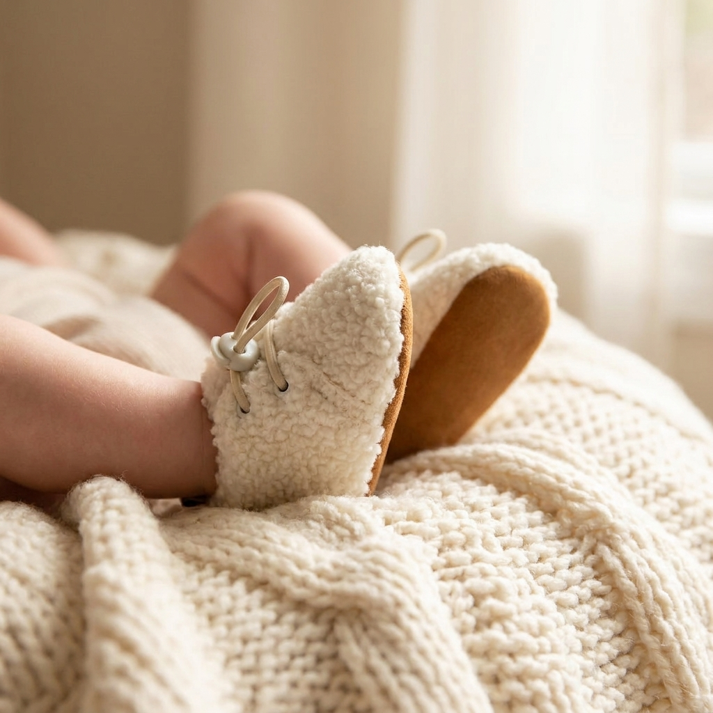 Newborn feet in Mimou Babywear Cozy Warm Cotton Booties on cream knit blanket