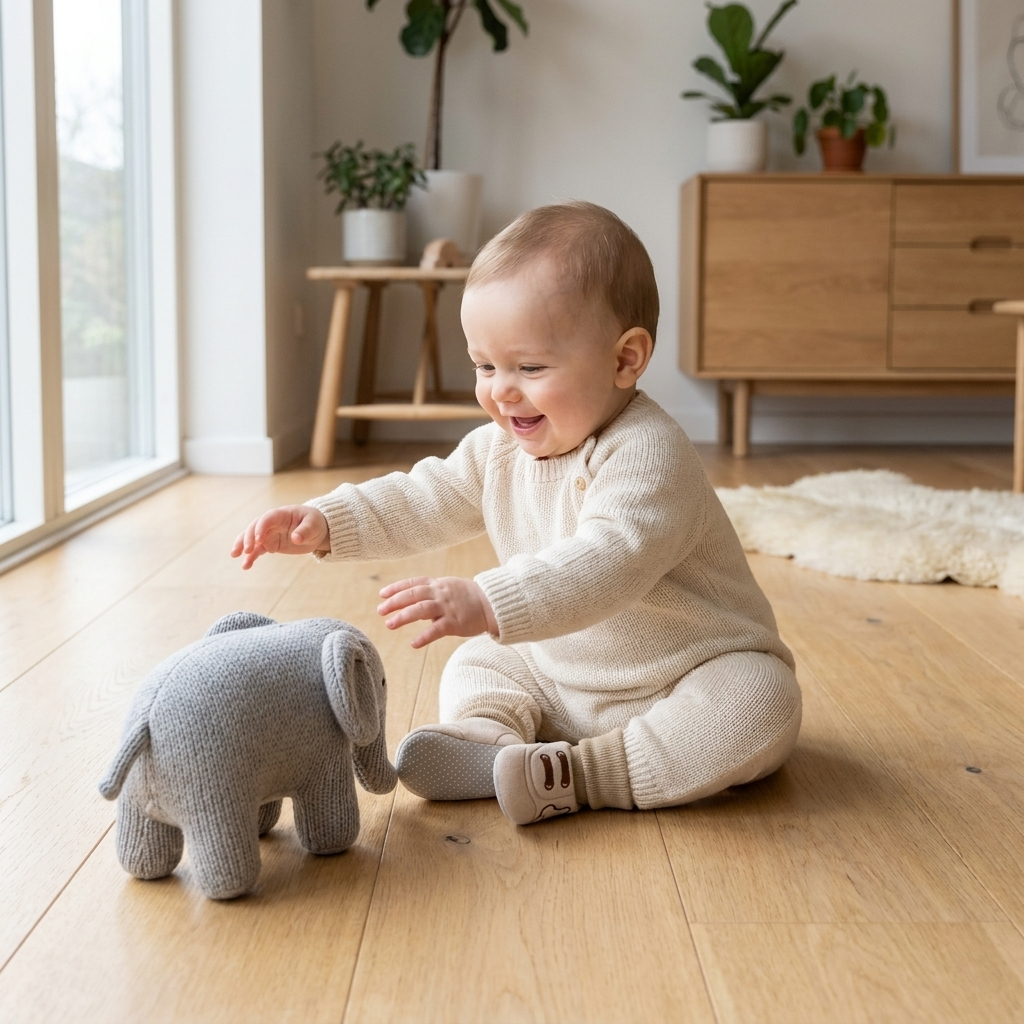 Baby wearing Mimou Babywear Anti-Slip Cotton Booties reaching for a toy