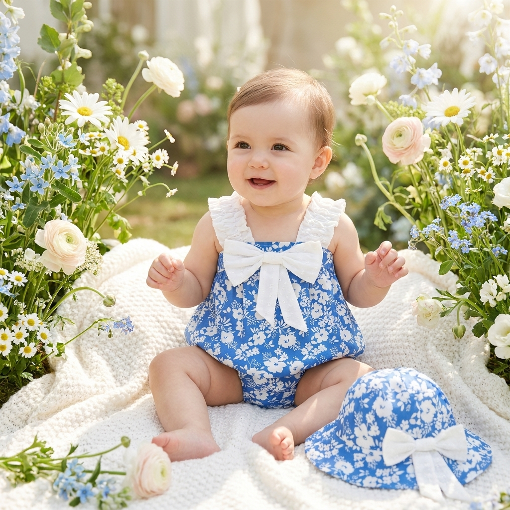 Bambina in body Mimou Babywear con stampa Porcelain Print Bow tra fiori primaverili