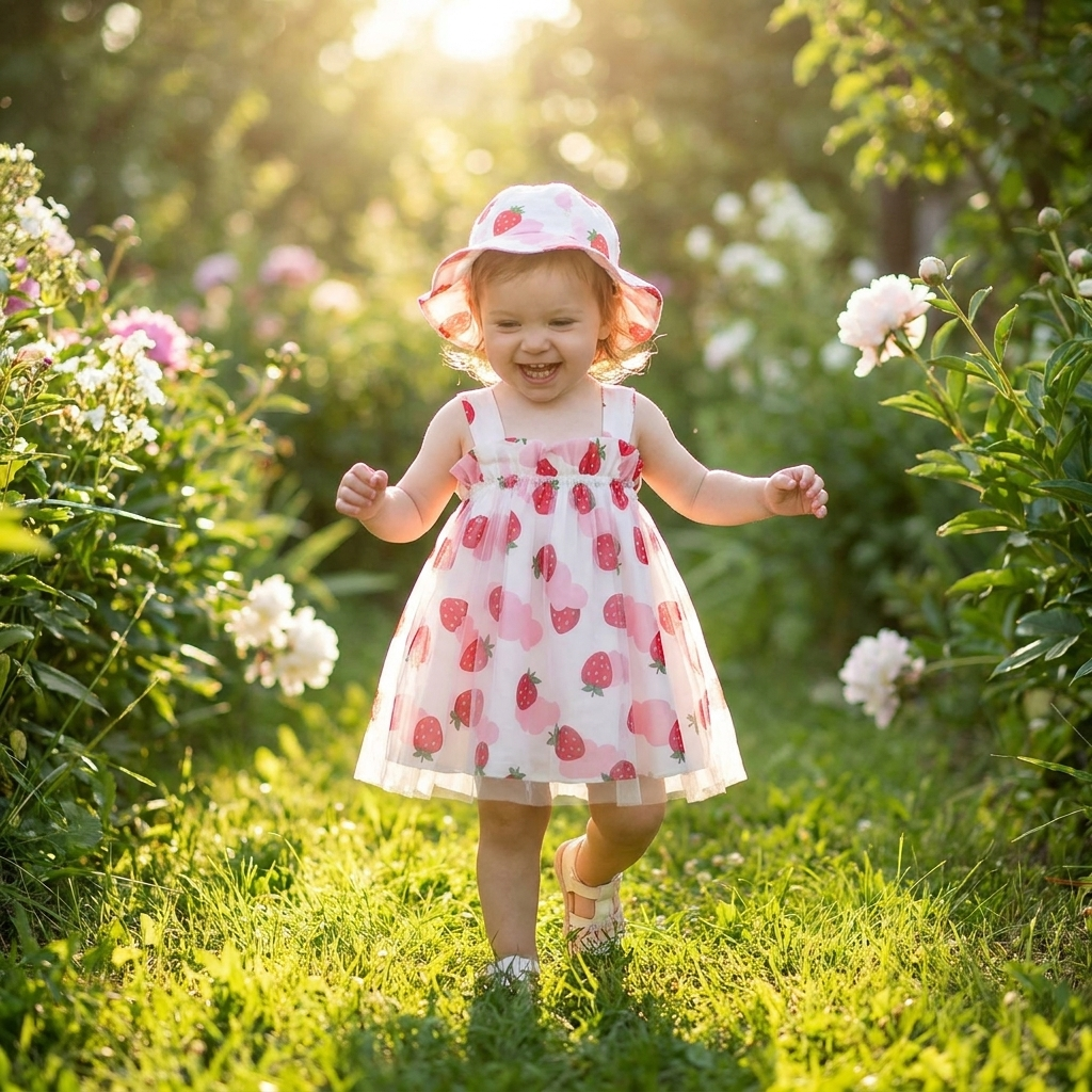 Bambina piccola in Mimou Babywear vestito e cappello con stampa frutta in giardino soleggiato