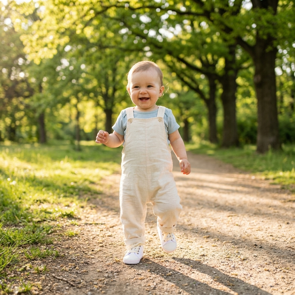 Bebé caminando en el parque con zapatos Mimou Babywear Canvas Lace-Up First Walkers