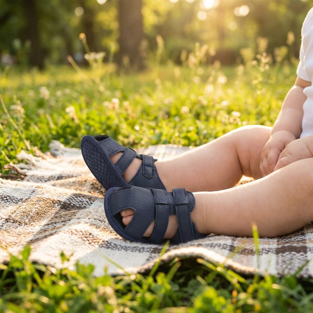 Bebé con sandalias Mimou Babywear Soft Cotton Non-Slip en una manta de picnic en el parque