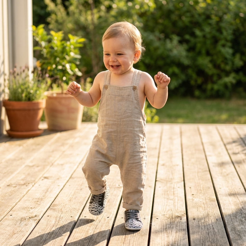 Toddler in Mimou Babywear Breathable Non-Slip First Sneakers on a sunny deck