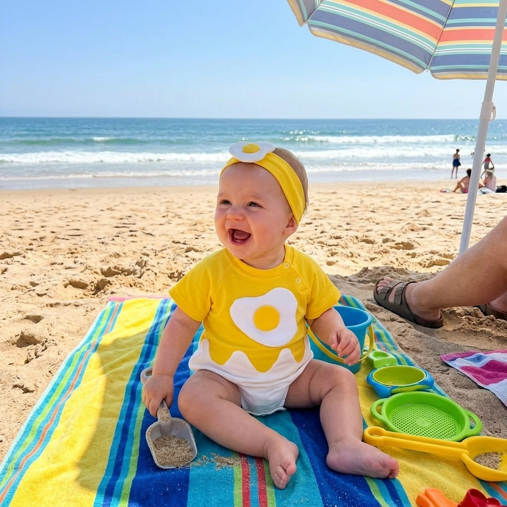 Baby in Mimou Babywear Sunny Yellow Romper on beach towel by the sea