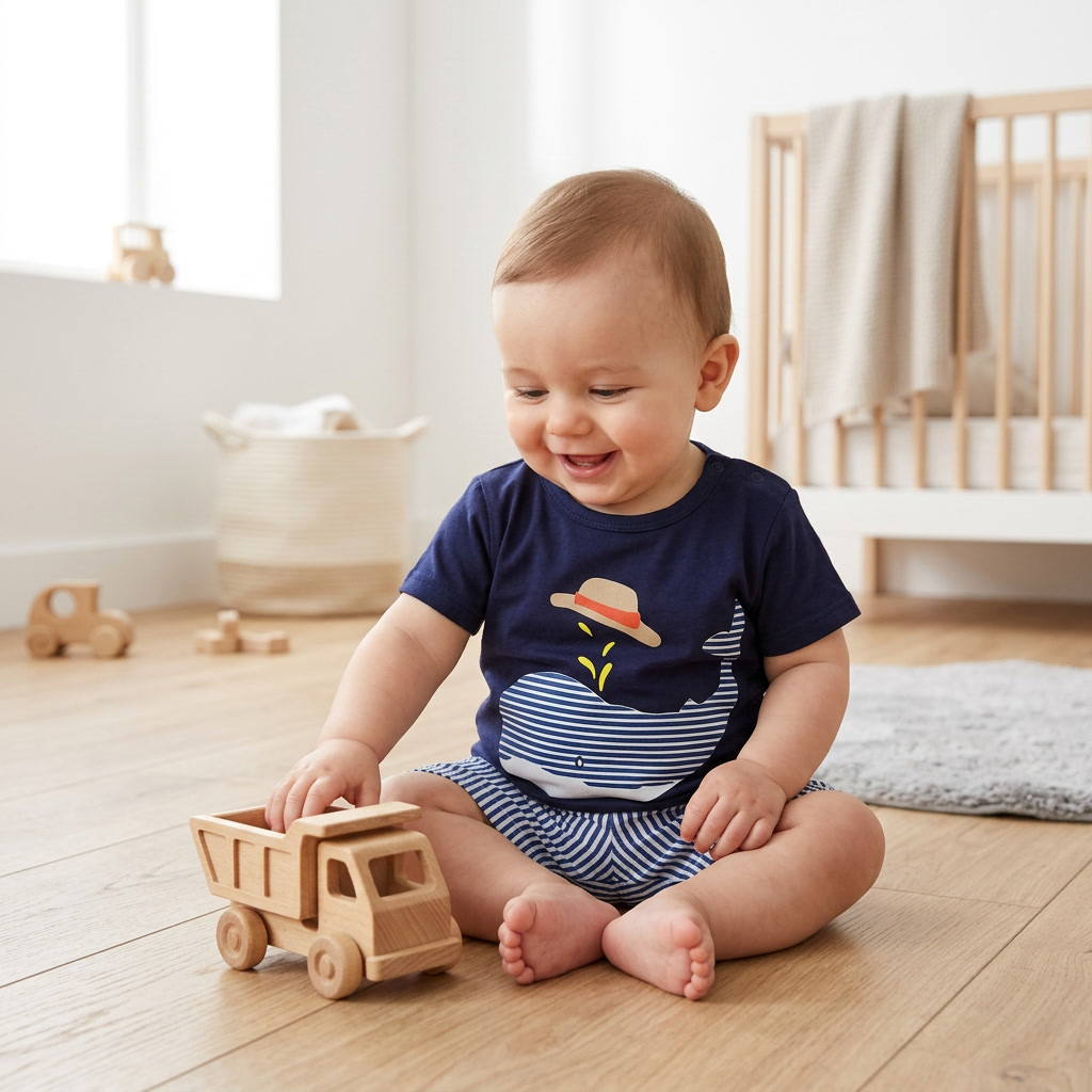Baby boy in Mimou Babywear Blue Whale 2-Piece Cotton Set playing with a wooden toy