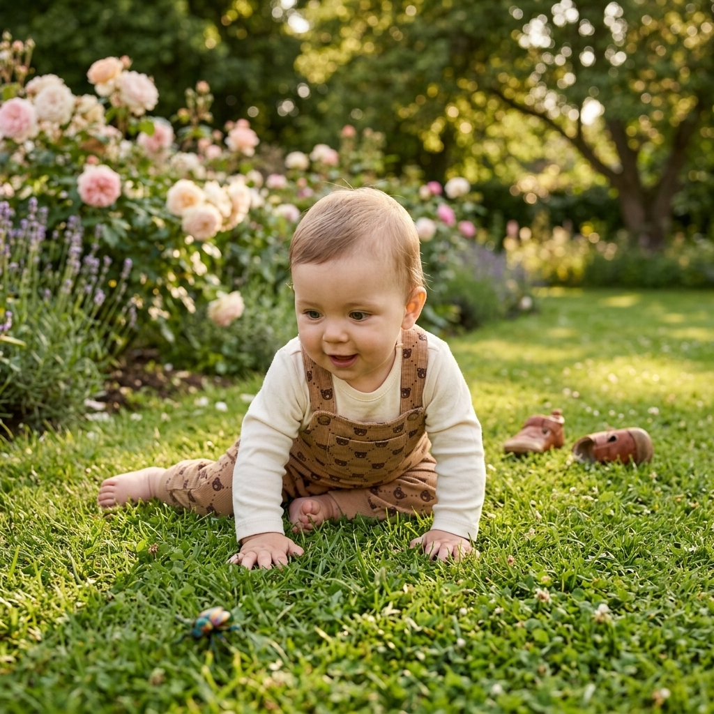 Baby boy in Mimou Babywear Bear Strap Overalls crawling on grass in a sunny garden
