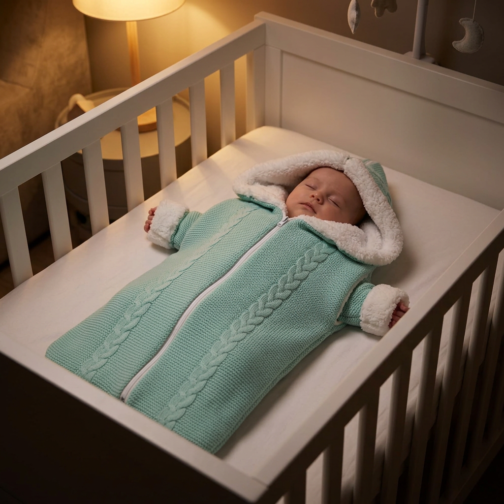 Baby sleeping in Mimou Babywear Convertible Velvet Sleep Sack in a white wooden crib