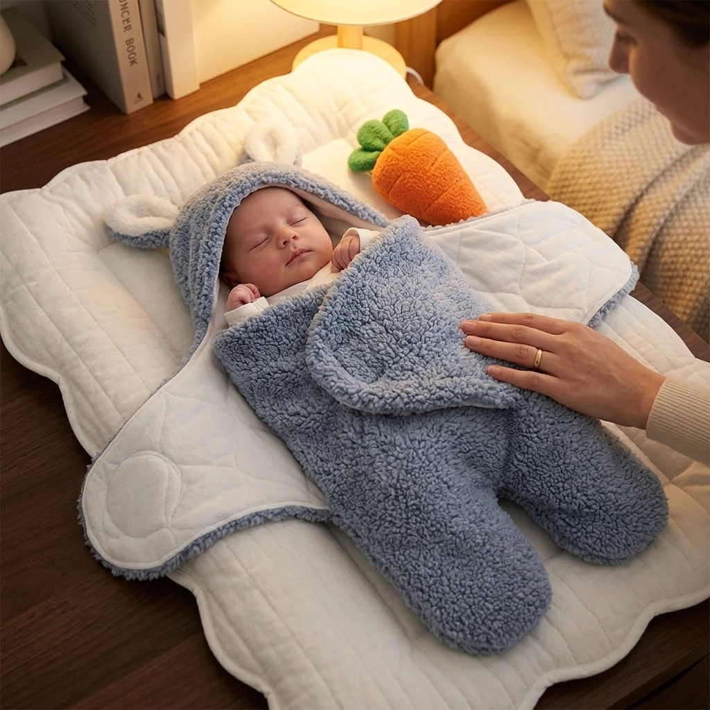 Newborn in Mimou Babywear Lamb Velvet Split-Leg Sleep Sack with mom's hand